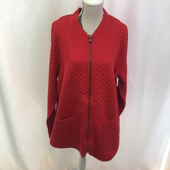 Isaac Mizrahi Live Jacquard Cable Knit Jacket Red - Picture 1 of 11
